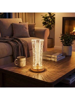Pileli Store Iki Yandan Kavisli Silindirik Geometrik Çizgi Model kristal LED Masa Lambası – Dokunmatik, 3 Renk Işık Modlu, Şarjlı Dekoratif Gece Lambası