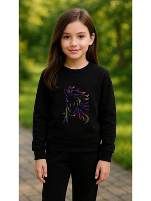 Playwear Takım Sweatshirt At Baskılı Kız Erkek Çocuk Bisiklet Yaka3 4-5-6-7-8-9-10-11-12YAŞ
