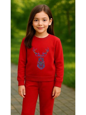 Playwear Takım Sweatshirt Geyik V1 Baskılı Kız Erkek Çocuk Bisiklet Yaka3 4-5-6-7-8-9-10-11-12YAŞ