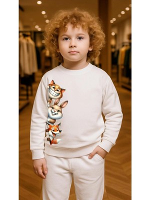 Playwear Takım Sweatshirt Tilki-Tavşan-Kedi Baskılı Kız Erkek Çocuk Bisiklet Yaka3 4-5-6-7-8-9-10-11-12YAŞ