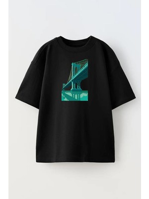 Nmg Tekstil Unisex Siyah Oversize Pamuk Mavi Köprü Baskılı Örme T-Shirt
