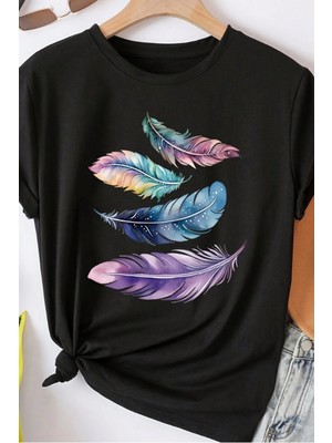 Eymora Kadın Siyah T-Shirt Renkli Tüy Desen Boho Baskı