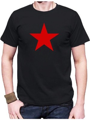 Kuzgunshop Unisex Siyah Kızıl Yıldız Tişört