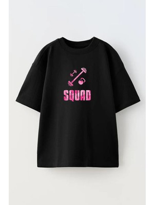 Nmg Tekstil Unisex Siyah Oversize Pamuk Pembe Squat Baskılı Örme T-Shirt
