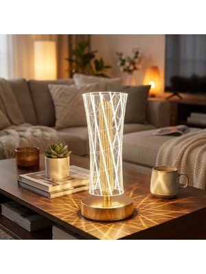 Pileli Store Silindirik Kristal Çizgi Model LED Masa Lambası – Gold Tabanlı, Dokunmatik, 3 Renk Işık Modlu, Şarjlı Modern Dekoratif Gece Lambası