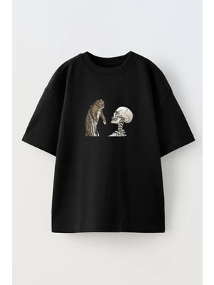 Nmg Tekstil Unisex Siyah Oversize Pamuk Kedi Kurukafa Baskılı Örme T-Shirt