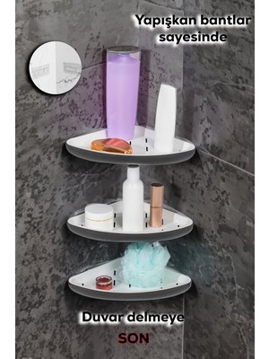 Porsima 0447 3'lü İstiridye Banyo Köşe Rafı - Yapışkanlı Duş Rafı Banyo Düzenleyici Organizer - Antrasit