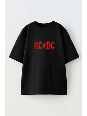 Nmg Tekstil Unisex Siyah Oversize Pamuk Kırmızı Acdc Baskılı Örme T-Shirt