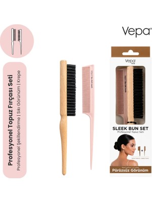 Vepa Sleek Bun Set, Profesyonel Topuz Fırçası ve Krepe Tarak, Elektriklenme Karşıtı, 1 Set