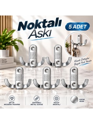 Nzb (5 Adet) Noktalı Askı Krom Metal Portmanto Askısı Duvar Tipi Elbise Havlu Mont Askılığı
