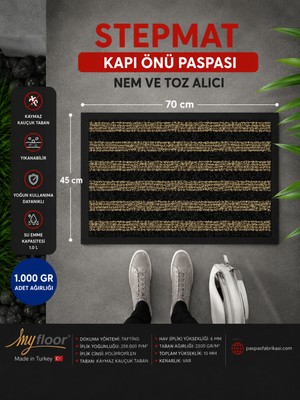 My Floor Nem Alıcı Toz Tutucu Çamur Sıyırıcı Pvc Taban ve Pvc Bordürlü Sentetik Fırça Dokulu Siyah&bej Çizgili Halılı Kapı Önü Paspası