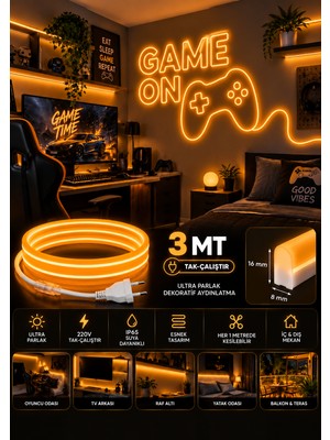 3 Metre Amber Tak Çalıştır Ultra Parlak Ultra Esnek Yüksek Performanslı Borsan 220V Neon LED Amber Montaj Aparatı Dahil3