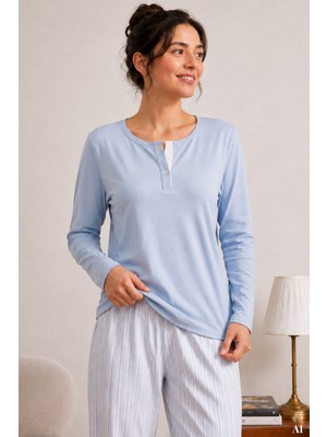 Koza İç Giyim Kadın Pamuklu Mavi Uzun Kollu Düğmeli Yaka Çizgili Alt Pijama Takımı