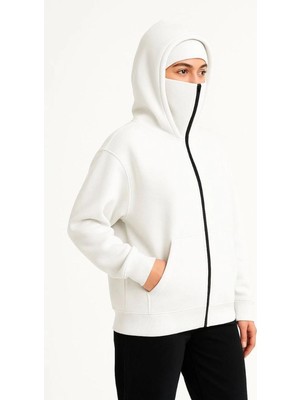 Velizade Kadın Beyaz Samuray Ninja Çift Kapüşonlu Maske Detaylı 3 İplik Hoodie