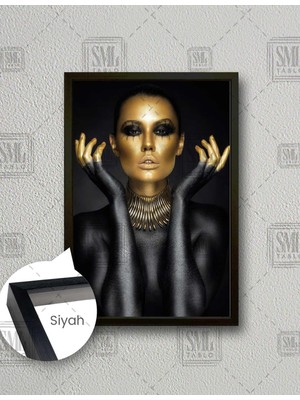 SML Tablo Yüzü Gold Siyah Makyajlı Altın Aksesuarlı Model Çerçeveli Dikey Kanvas Tablo