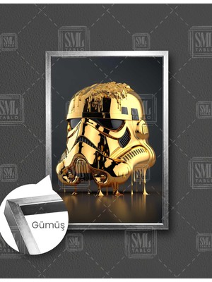 SML Tablo Star Wars Altın Stormtrooper Maskesi Gold Liquid Mask Çerçeveli Dikey Kanvas Tablo