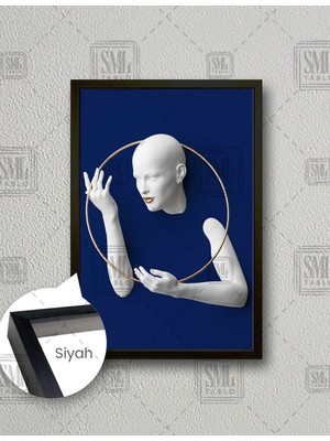 SML Tablo Kabartma Efektli Altın Daire Çerçeve Lacivert Fon Dekoratif Çerçeveli Dikey Kanvas Tablo