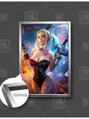 SML Tablo Harley Quinn Ilüstrasyonu Joker Sevgilisi Çılgın Kadın Dc Evreni Çerçeveli Dikey Kanvas Tablo