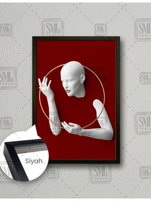 SML Tablo Kabartma Efektli Altın Daire Çerçeve Bordo Fon Dekoratif Çerçeveli Dikey Kanvas Tablo