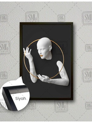 SML Tablo Kabartma Efektli Altın Daire Çerçeve Antrasit Fon Dekoratif Çerçeveli Dikey Kanvas Tablo