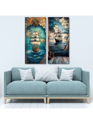 Tilki Dünyası 2'li Nostaljik Gemi ve Harita Temalı Kanvas Tablo Seti - Klasik Denizci Duvar Dekoru - 2X(30X70 Cm)