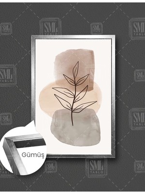 SML Tablo Kahverengi Tonlarında Sulu Boya Izleri ve Yapraklar Line Art Boho Çerçeveli Dikey Kanvas Tablo