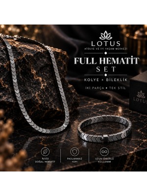Lotus Atölye ve İyi Yaşam Merkezi Full Hematit Premium Set – %100 Doğal Hematit Kolye & Bileklik Erkek Takı Seti