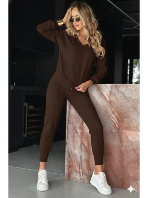Lune Store Kadın Uzun Kollu V Yakalı Viskon Iki Iplik Bluz ve Pantolon Ikili Takım
