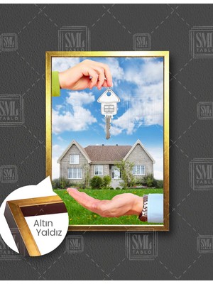 SML Tablo Bahçeli Ev Emlak Ofisi Real Estate Emlakçı Çerçeveli Dikey Kanvas Tablo