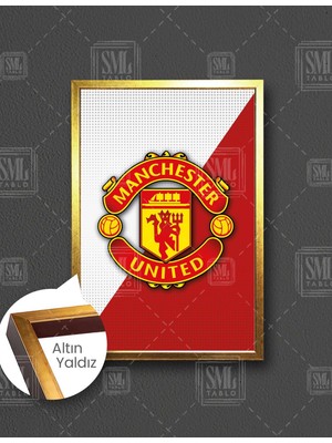 SML Tablo Manchester United Futbol Kulübü Logosu Kırmızı Şeytanlar Çerçeveli Dikey Kanvas Tablo
