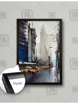 SML Tablo Şehir Görüntüsü Kalabalık Cadde Taksiler City View Çerçeveli Dikey Kanvas Tablo