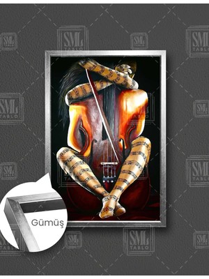 SML Tablo Kemana Sarıla Kadın Sanat Nota Müzik Aşkı Çerçeveli Dikey Kanvas Tablo