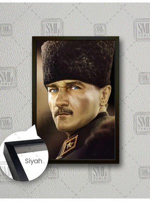 SML Tablo Kalpaklı Mustafa Kemal Atatürk Cesur Türk Çerçeveli Dikey Kanvas Tablo