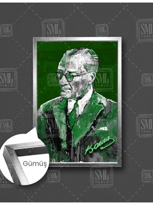 SML Tablo Mustafa Kemal Atatürk Imzası Yeşil ve Beyaz Çerçeveli Dikey Kanvas Tablo