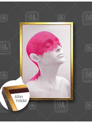 SML Tablo Başında Pembe Boya Olan Model Çerçeveli Dikey Kanvas Tablo