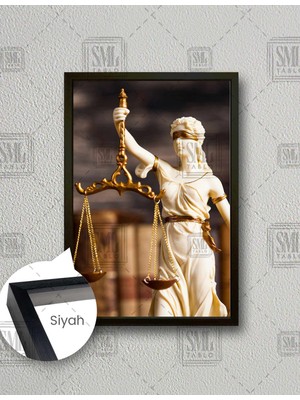 SML Tablo Themis Heykeli Gold Detaylı Hukuk Bürosu Dekor Çerçeveli Dikey Kanvas Tablo