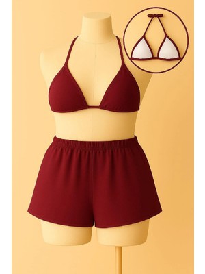 Şortlu Belden ve Boyundan Bağlamalı Bikini Takımı