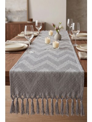 Dokuvia Chevron Desenli Dokulu Püsküllü Dekoratif Runner Masa Örtüsü 45X150 cm