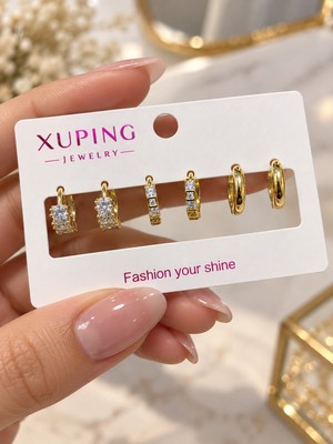 İdilce Xuping 14K Altın Kaplama Renk Minimal 3’lü Küpe Seti – Zirkon Taşlı Mini Halka Küpe