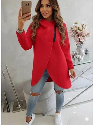 Afri Kırmızı Kadın Asimetrik Fermuarlı Oversize Kapüşonlu Sweatshirt – Kalın Kumaş – Rahat Günlük Tarz
