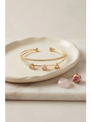 Mey İthalat Mey Ithalat® Pembe Kalp Model Zirkon Taşlı Gold Renk Kadın Bileklik