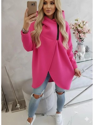 Afri Pembe - Fuşya Kadın Asimetrik Fermuarlı Oversize Kapüşonlu Sweatshirt – Kalın Kumaş – Rahat Günlük Tarz