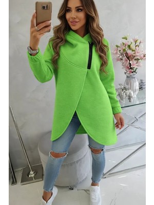 Afri Yeşil Kadın Asimetrik Fermuarlı Oversize Kapüşonlu Sweatshirt – Kalın Kumaş – Rahat Günlük Tarz