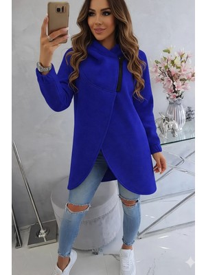 Afri Mavi Kadın Asimetrik Fermuarlı Oversize Kapüşonlu Sweatshirt – Kalın Kumaş – Rahat Günlük Tarz