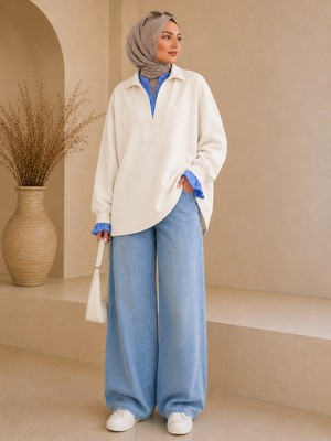 Afri Ekru Kadın Oversize Gömlek Yaka Sweatshirt – Çizgili Poplin Detaylı Rahat Kesim Uzun Kollu Sweat
