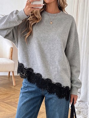Afri Gri Kadın Dantel Detaylı Oversize Sweatshirt – Bisiklet Yaka Asimetrik Kesim Uzun Kollu Şık Günlük Sweat