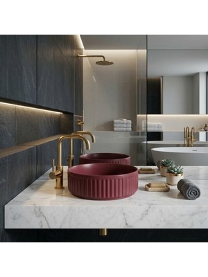 Isvea Ion Tezgah Üzeri Line Dekorlu Lavabo 36CM Rustik Bordo 10NFS66R36I