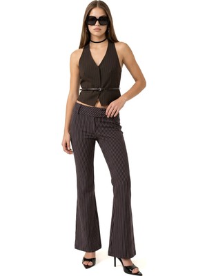 Hiccup Kadınlar Çizgili Flare Fit Pantolon Mocha Kahvesi