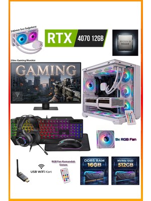 Comloji Ga-Deluxe White Rtx 4070 12GB Ryzen 9 9900X 16GB Ddr5 512GB M.2 Sıvı Soğutmalı 23.8" Monitörlü Beyaz Masaüstü Oyuncu Bilgisayarı Seti