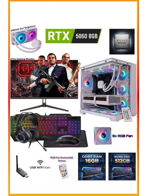 Comloji Ga-Deluxe White Rtx 5060 8gb Ryzen 9 9900X 16GB Ddr5 512GB M.2 Sıvı Soğutmalı 27" Monitörlü Beyaz Masaüstü Oyuncu Bilgisayarı Seti